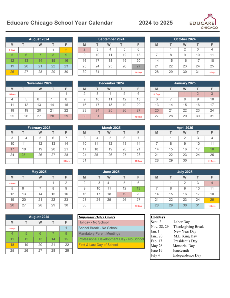 Educare Chicago 2024-2025 school calendar