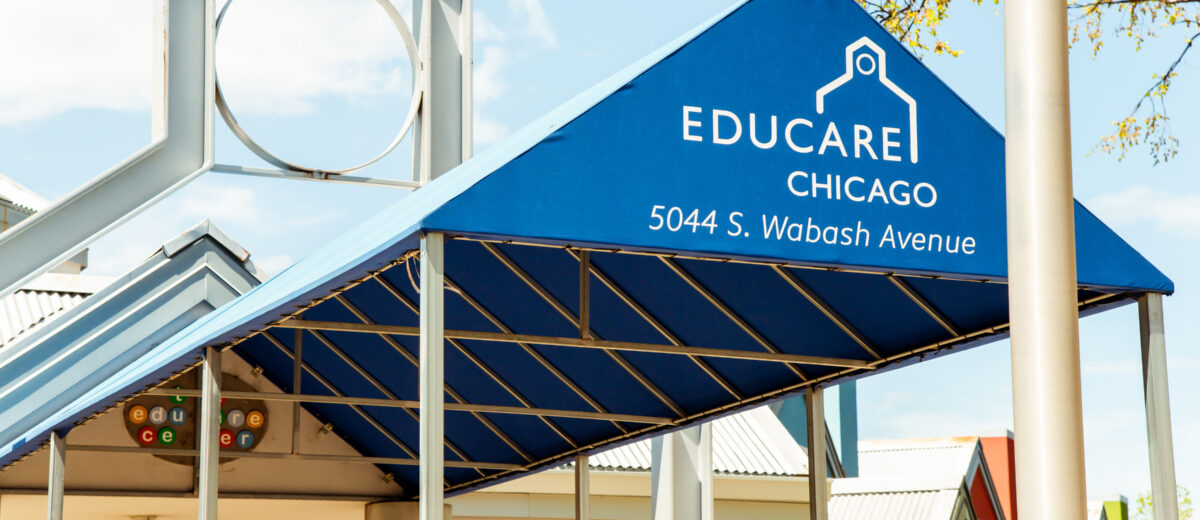 Educare Chicago awning in front of Educare school house structure