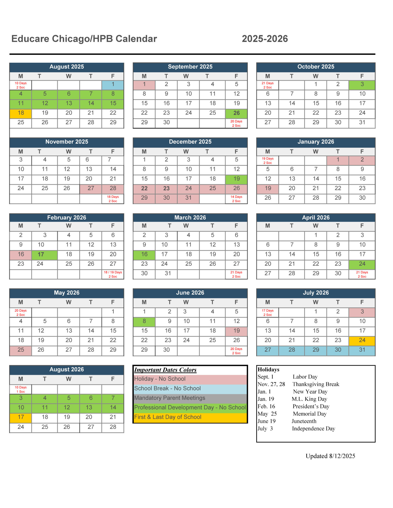 Visual of school calendar